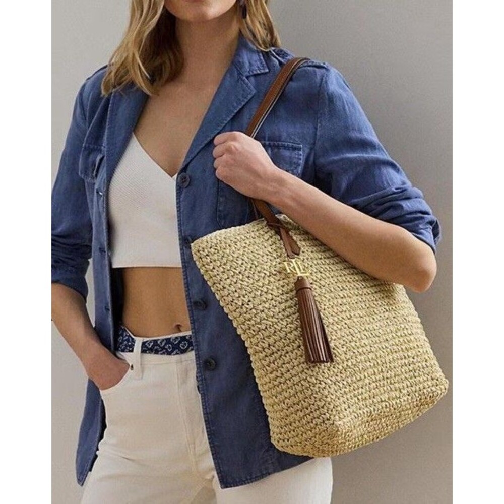 NWT Lauren RALPH LAUREN Crochet-Straw Medium Whitney Tote Natural/Lauren Tan - Picture 3 of 16